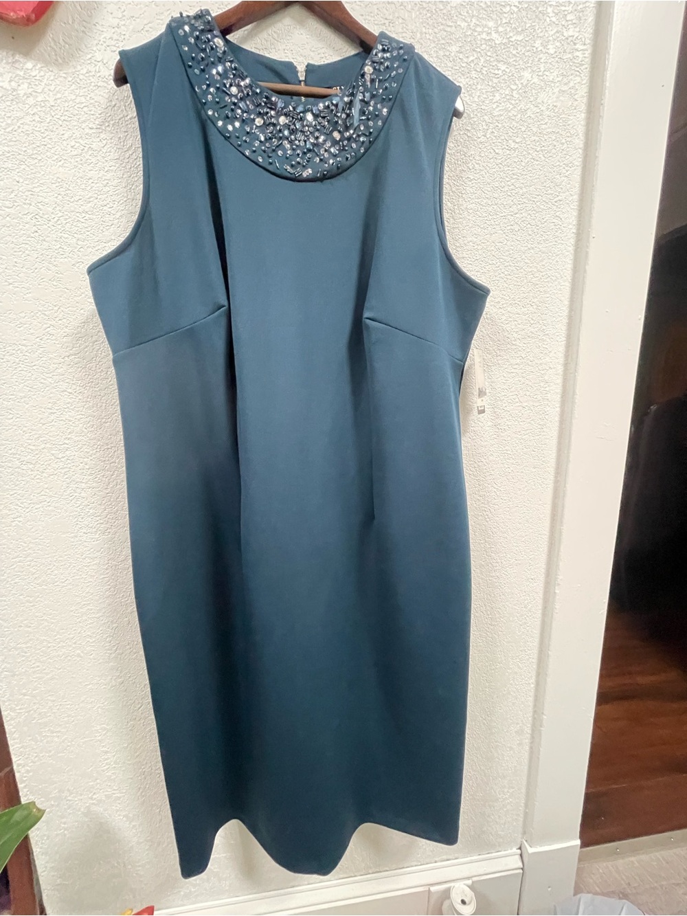 S.L. Fashions Teal Mock Jeweled Neck Exposed Zip Stretch Scuba Sheath Dress 24W